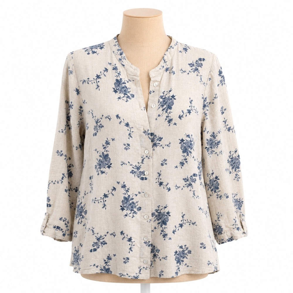 Floral Toile Linen Cotton Button Shirt Size XS Blue Tan Cottagecore Coastal Boho